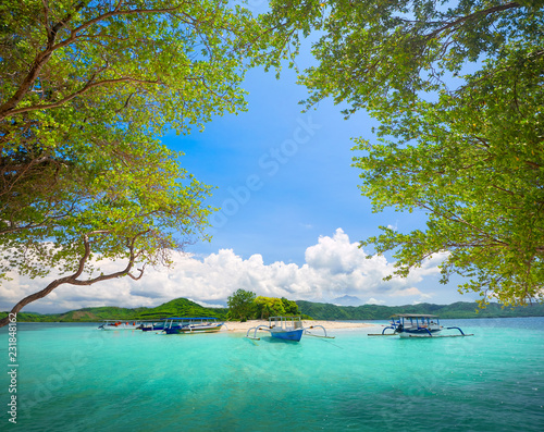 Beautiful tropical uninhabited island on background of green mountains