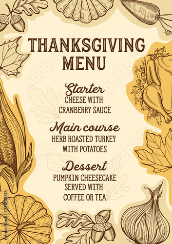 Thanksgiving food menu for holiday dinner celebration.