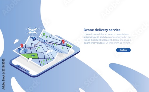 Web banner template with drone carrying box and flying above city map and giant smartphone. Delivery service with automated quadrotor, modern electronic device. Isometric vector illustration.