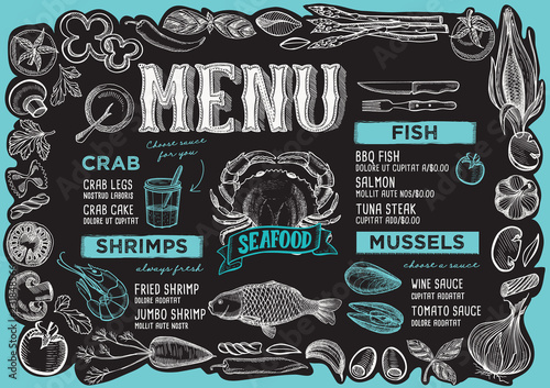 Seafood menu for restaurant with frame of doodle vegetables.