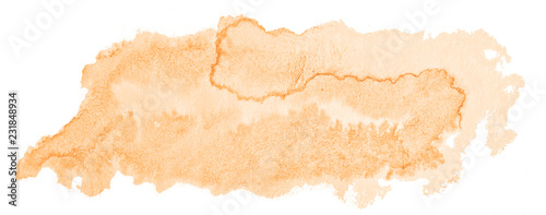 Light orange watercolor hand-drawn isolated wash stain on white background for text, design. Abstract texture made by brush for wallpaper, label.