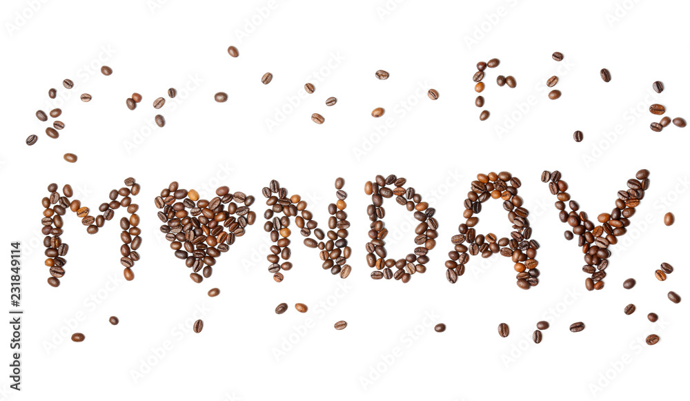 Word MONDAY made of roasted coffee beans on white background