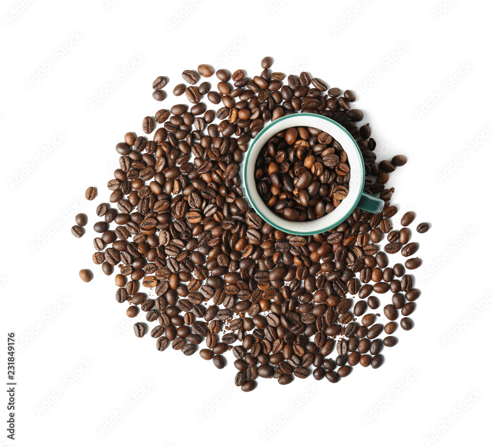 Cup and roasted coffee beans on white background Cup and roasted coffee beans on white background