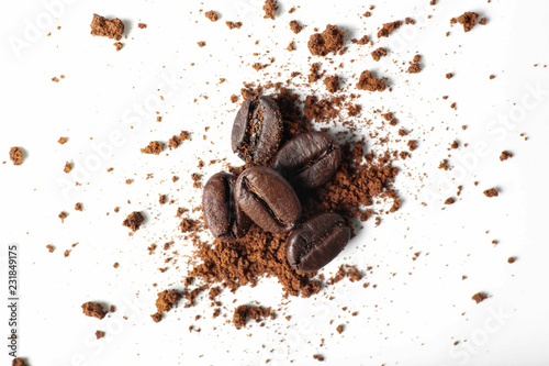 Grind coffee and beans on white background