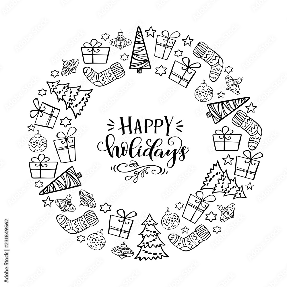 Winter holiday symbol in a circle with unique greeting lettering Happy Holidays inside.