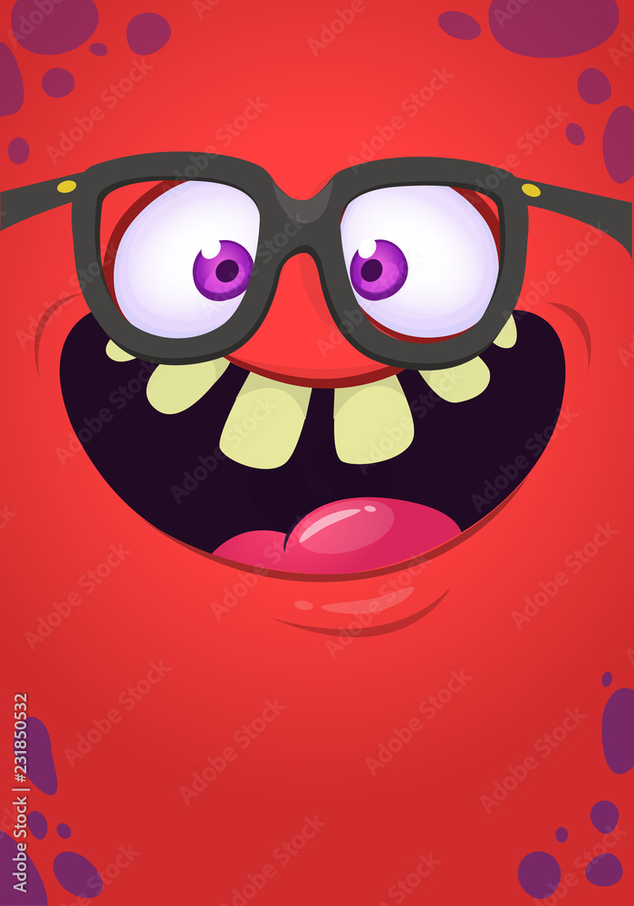 Funny cartoon monster face with eyeglasses. Vector Halloween monster square avatar