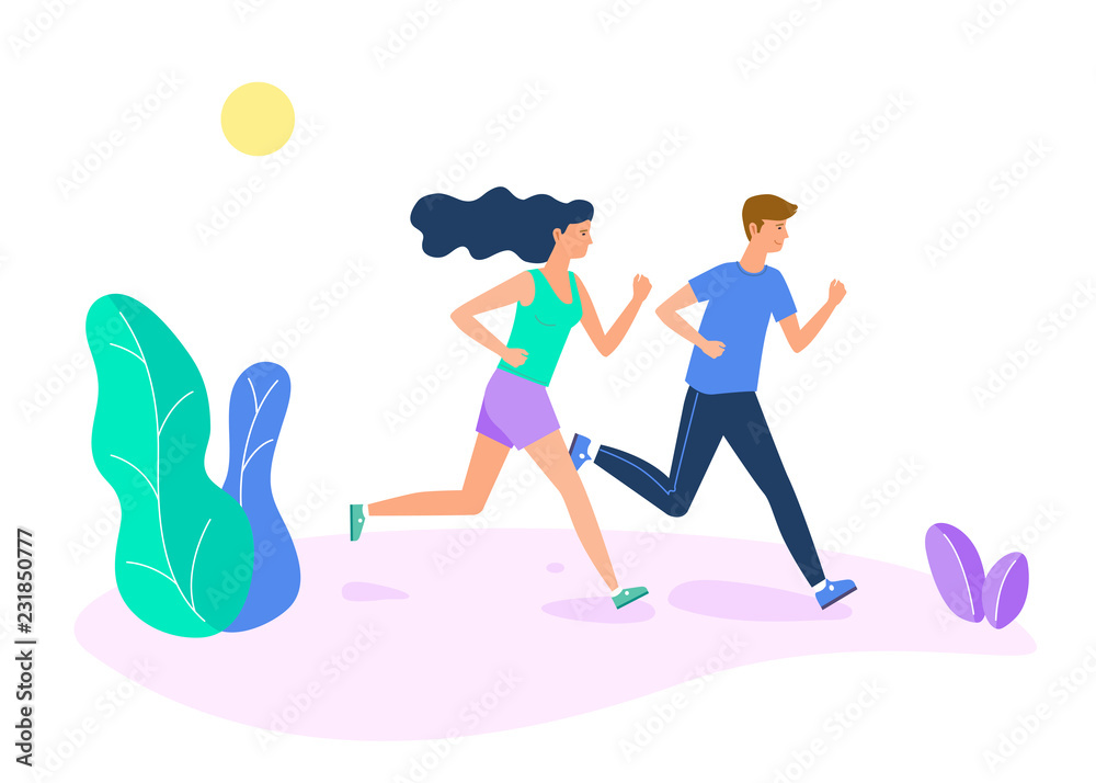 Flat style Athlete running runner characters vector illustration. Young man and woman jogging marathon race. Individual sports, competition concept.