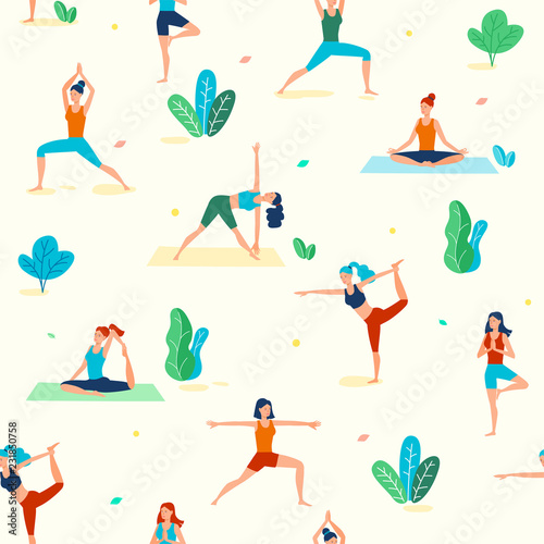 Women yoga flat illustration. People seamless pattern