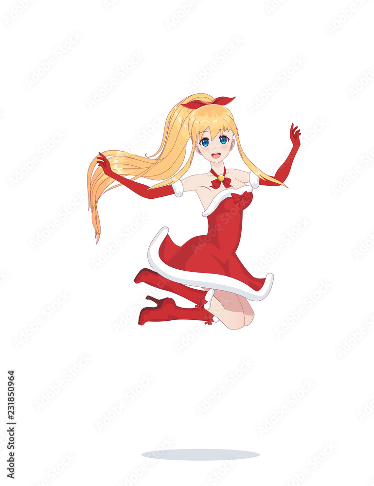 Joyful anime manga girl as Santa Claus in a jump Joyful anime manga girl as Santa Claus in a jump