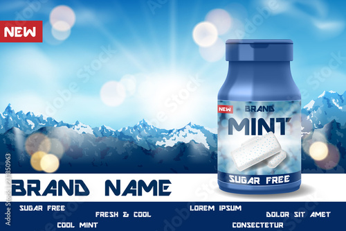 Realistic cool mint gum poster ads for your design. freshen breath Chewing pads gum package product retro style with mountain background. Vector 3d illustration