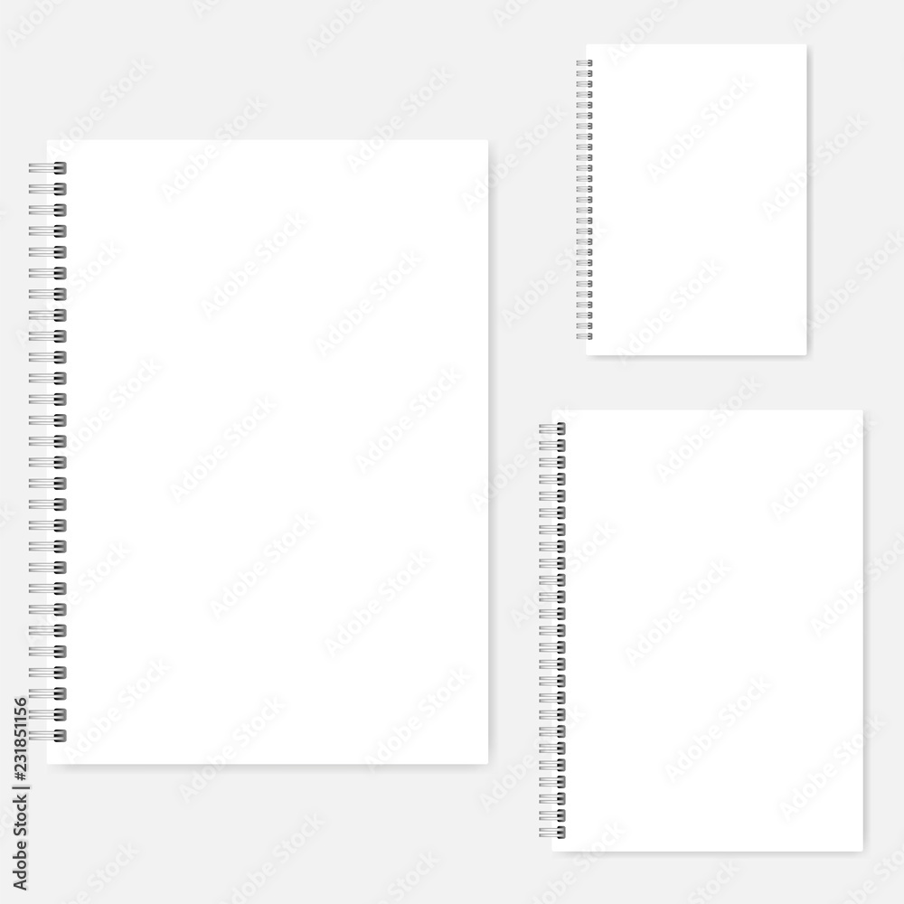 White blank wire spiral notebook A4, A5, A6 size vector mockup set