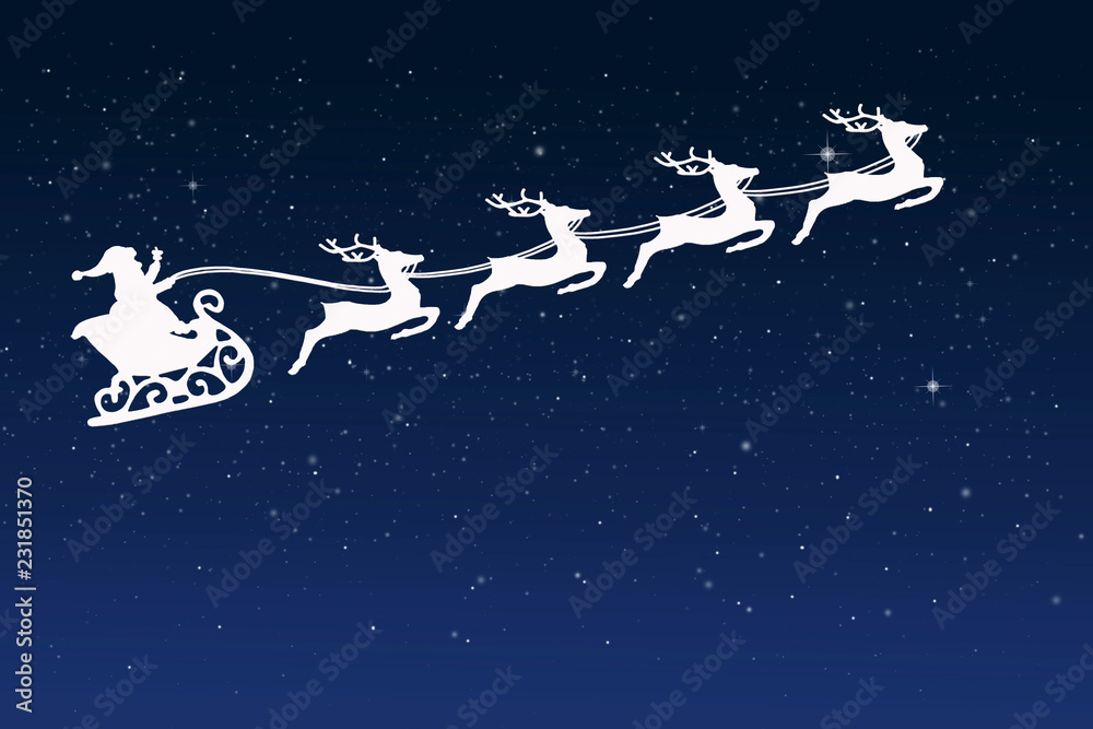 A sleigh with Santa Claus pulled by four reindeers against the background of the night sky with stars