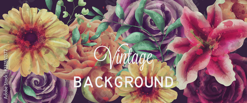Vintage watercolor flowers background Vector. Gerbera, lily and roses floral ...