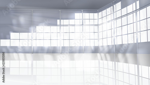 Empty hall with large window. Rays of light falling into the interior. Vector illustration.