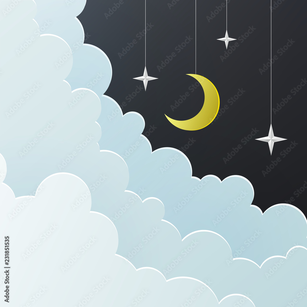 Night paper cut poster with stars, clouds and crescent. Night paper cut poster with stars, clouds and crescent.