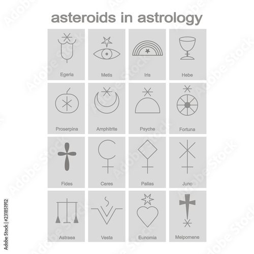 Set of monochrome icons with symbols of asteroids in astrology for your design
