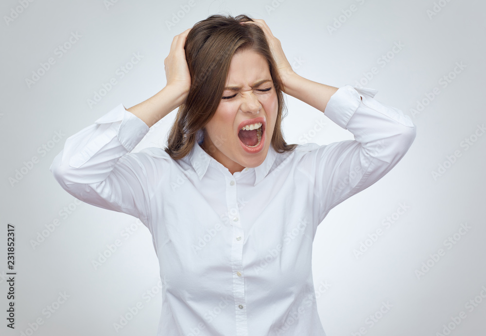 Woman with headache pain touch head with hands Woman with headache pain touch head with hands