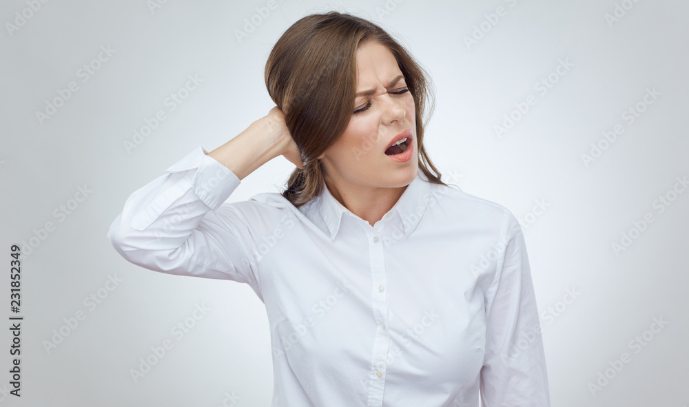 Isolated portrait of business woman with headache pain. Isolated portrait of business woman with headache pain.