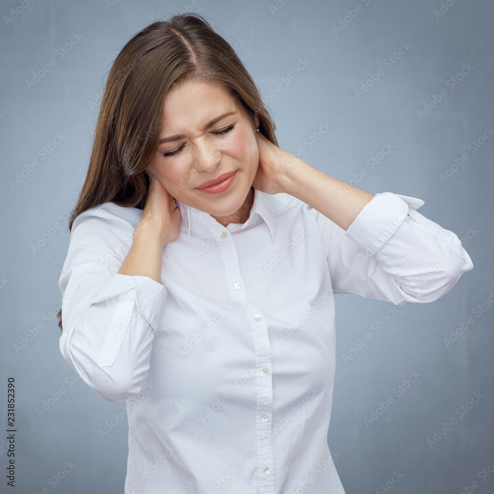 Portrait of woman with headache migraine pain Portrait of woman with headache migraine pain