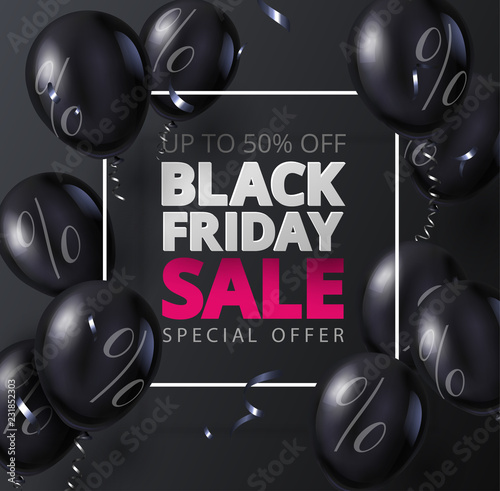 Black friday sale promo poster with shiny balloons.