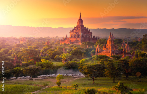 Pagoda landscape in the plain of Bagan, Myanmar.