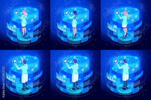 Isometric Set of doctors working on virtual screens, remote control of medical life support devices. High tech. Back view