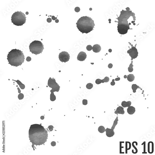 Set of grey splash on white background. Grunge ink blots and drops. High quality manually traced vector illustration