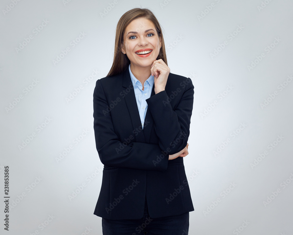 Smiling young business woman wearing black suit