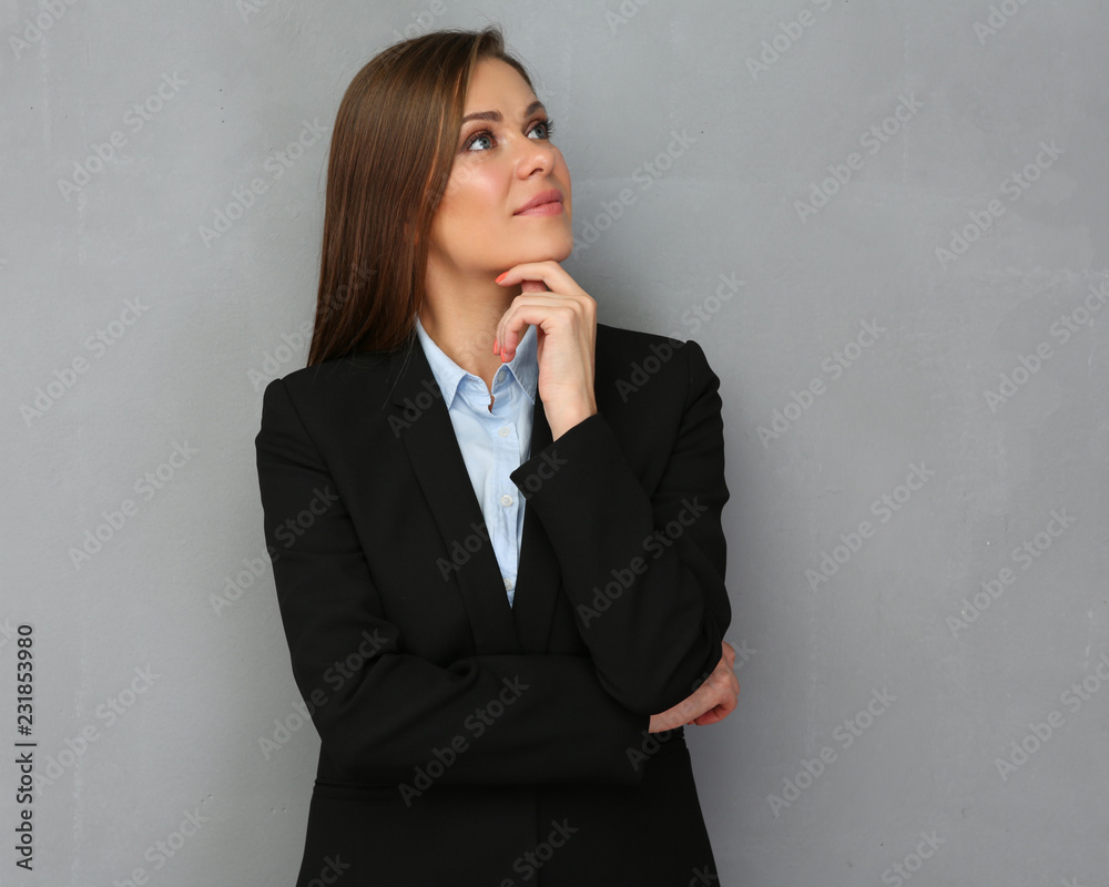 thinking business woman in black business suit thinking business woman in black business suit