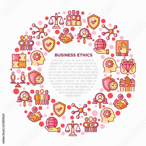 Business ethics concept in circle with thin line icons: union, honesty, responsibility, justice, commitment, no to racism, gender employment, core values. Vector illustration, print media template.