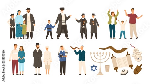 Collection of jews and Jewish or Hebrew symbols. Couple, happy family, boys reading Torah and playing Shofar. Cute cartoon characters isolated on white background. Vector illustration in flat style.