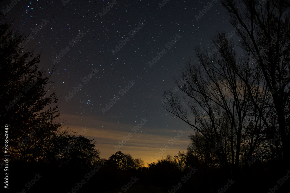 View of the stars aldebaran,hyadun I and hyadun II in the constellation of taurus over the eastern sky in Southern Germany View of the stars aldebaran,hyadun I and hyadun II in the constellation of taurus over the eastern sky in Southern Germany