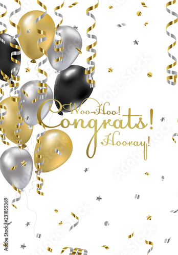 Congratulations vector illustration. Happy Birthday! You are invited to a party! Balloons, streamers, confetti, gold and silver. Congrats on the holiday