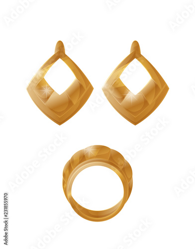 Golden Earrings and Ring Set Vector Illustration