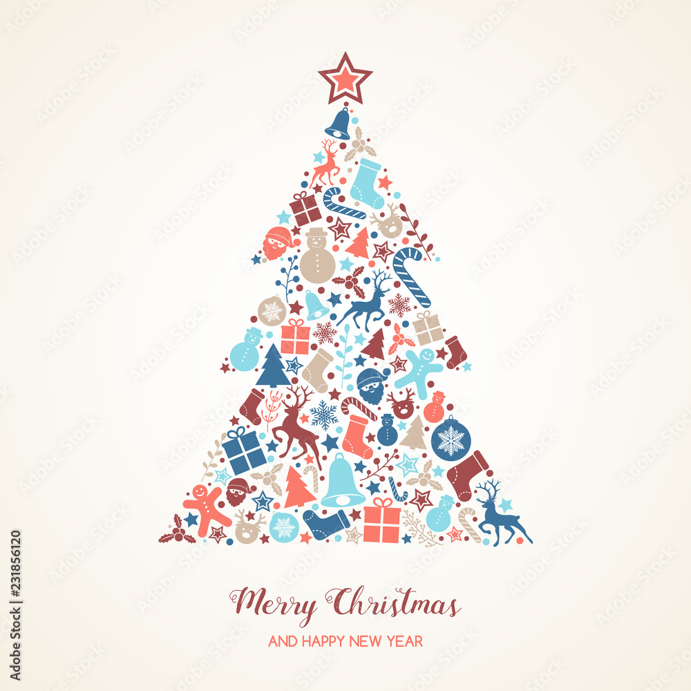 Christmas card with decorative text and ornaments. Vector.