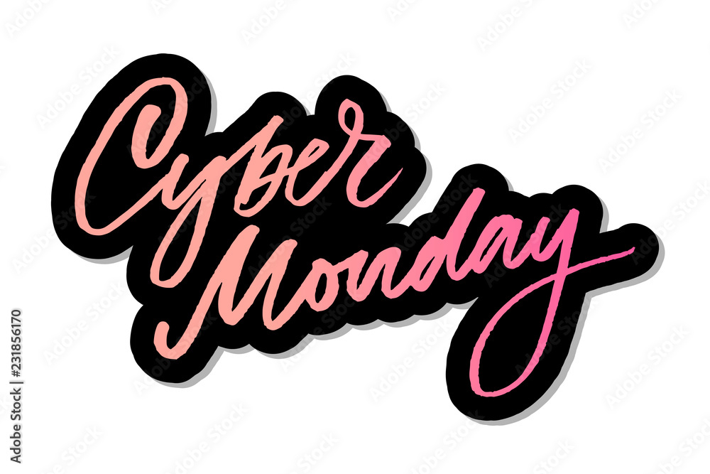 Vector illustration of Cyber Monday text for card banner. Handwritten calligraphy Cyber monday tag badge template. Lettering typography illustration Vector illustration of Cyber Monday text for card banner. Handwritten calligraphy Cyber monday tag badge template. Lettering typography illustration