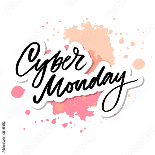 Vector illustration of Cyber Monday text for card banner. Handwritten calligraphy Cyber monday tag badge template. Lettering typography illustration