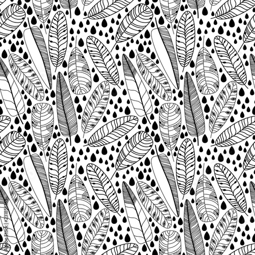 Hand drawn feathers set. Monochrome Vector Seamless Pattern.