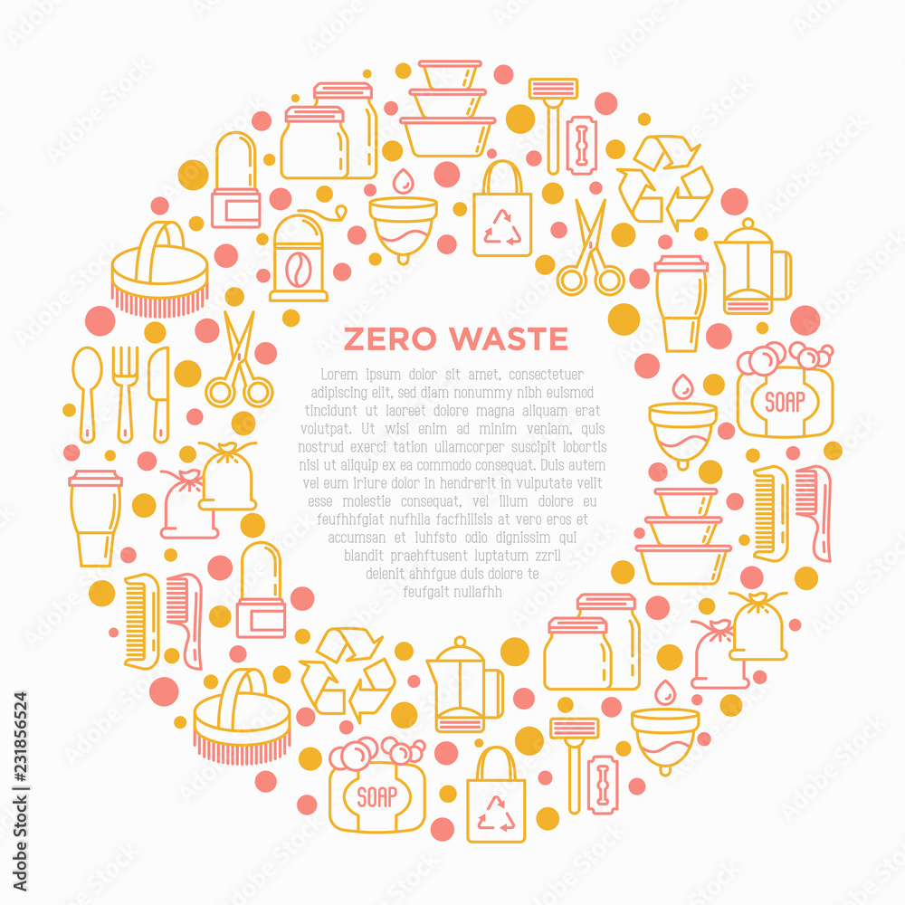 Zero waste concept in circle with thin line icons: menstrual cup, safety razor, glass jar, natural deodorant, hand coffee grinder, french press, wooden comb. Vector illustration, print media template.