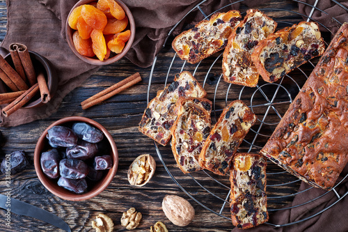 chunky dried fruit cake, close up