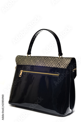 Fashionable black leather purse isolated on white