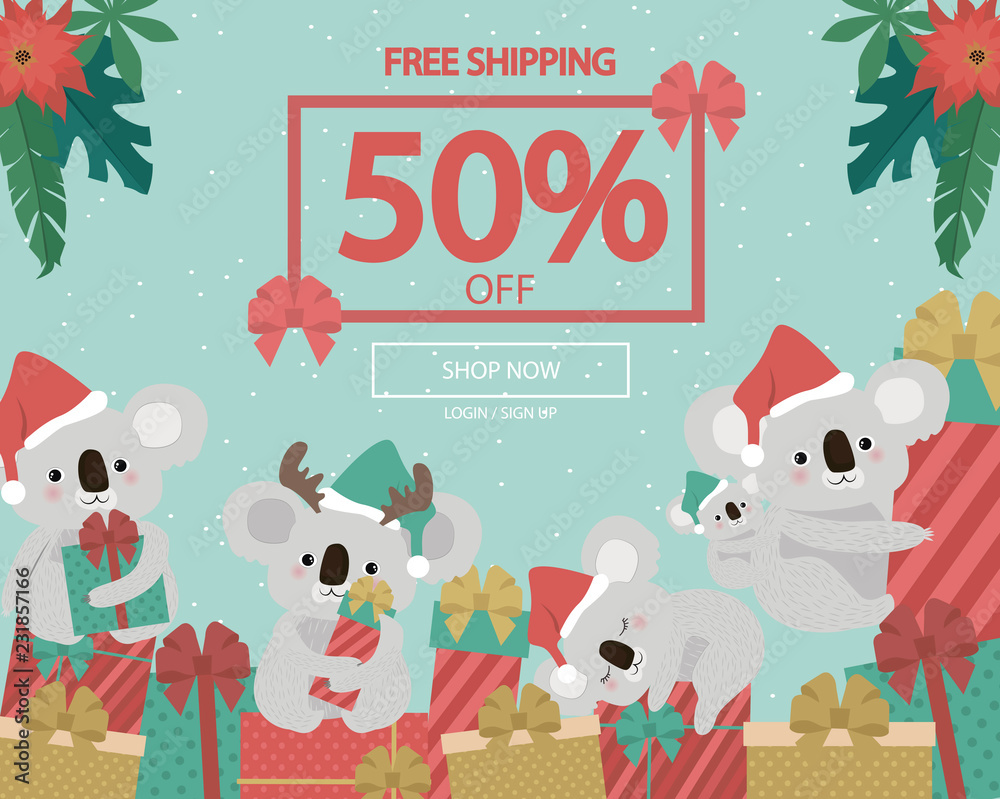 Fototapeta premium Promo Christmas, New Year banner, Sale poster and flyer with fun koala bear character. Editable vector illustration