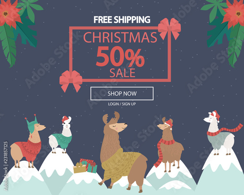 Promo Christmas, New Year banner, Sale poster and flyer with fun llama character. Editable vector illustration