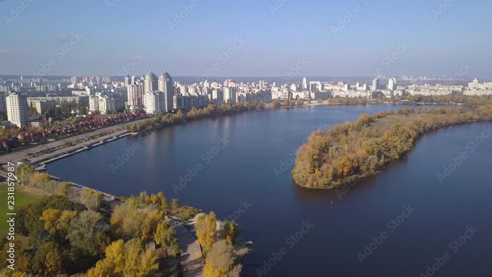 Aerial: Obolonska Quay in Obolon district in Kiyv, autumn time Aerial: Obolonska Quay in Obolon district in Kiyv, autumn time