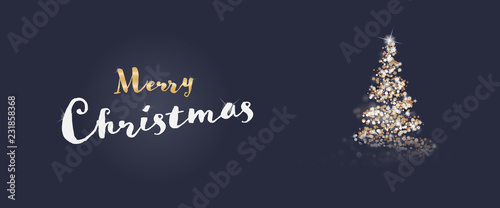 Christmas time. Christmas card with tree in festive colors. Text : Merry Christmas.