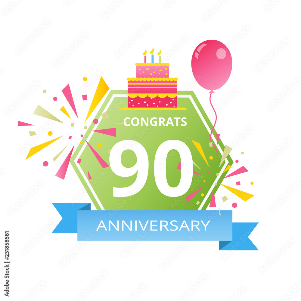 90 years Anniversary logo with colorful abstract background,  elements for invitation card and poster your birthday celebration.Vector design template
