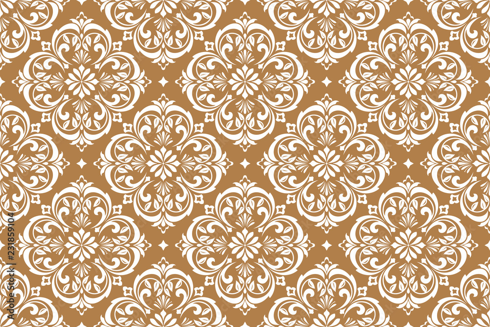 Wallpaper in the style of Baroque. Seamless vector background. White and gold floral ornament. Graphic pattern for fabric, wallpaper, packaging. Ornate Damask flower ornament Wallpaper in the style of Baroque. Seamless vector background. White and gold floral ornament. Graphic pattern for fabric, wallpaper, packaging. Ornate Damask flower ornament