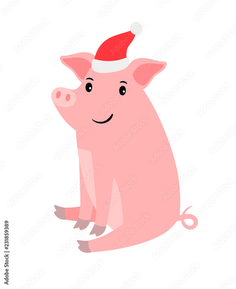 Cute cartoon pink pig in santa hat, on white background, Christmas and New year vector icon Cute cartoon pink pig in santa hat, on white background, Christmas and New year vector icon