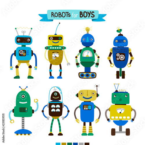 Cute cartoon robots set for boys, isolated on white background, vector illustration