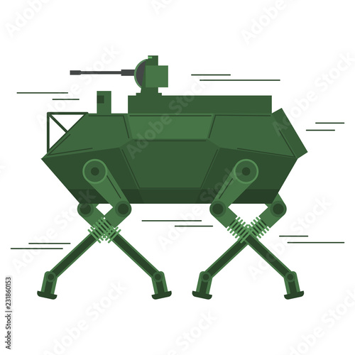 The fighting army military robot freight with a machine gun. Transport and combat car. The robot with four legs. In flat style a vector. The car with artificial intelligence or on radio management.
